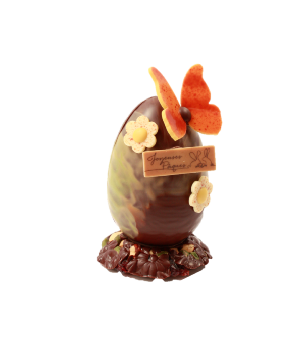 œuf décoré chocolat noir 70% Madagascar garni de 4 petits œufs fourrés praliné T1