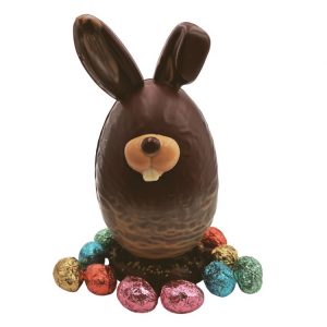 œuf décoré chocolat noir 70% madagascar + 8 petits œufs fourrés praliné T3