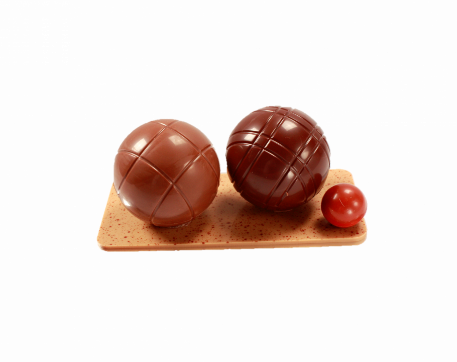BOULES DE PETANQUE chocolat NOIR 70% madagascar et lait 40% Côte d'Ivoire - cochonnet fourré praliné