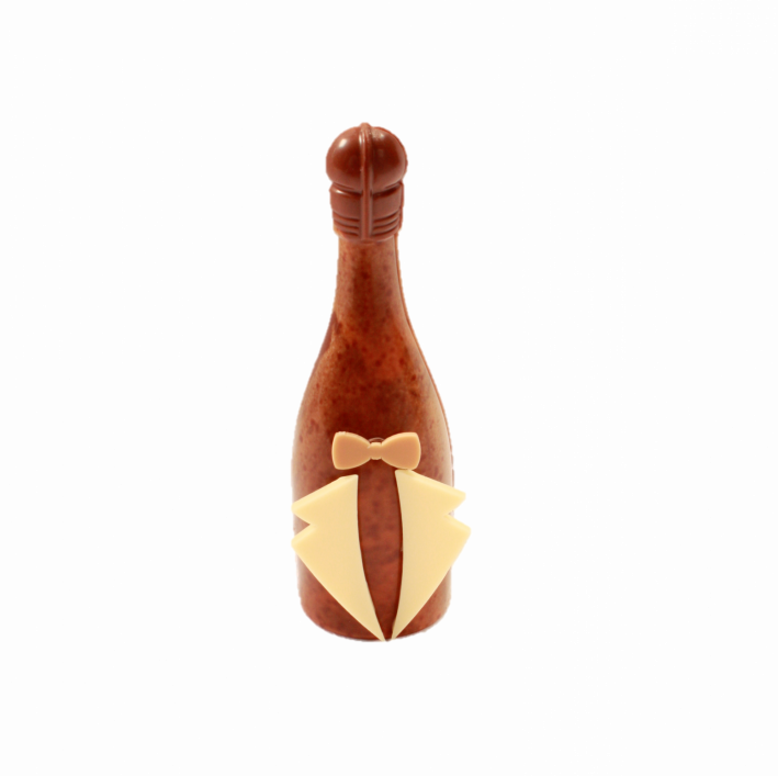 PETITe bouteille CHOCOLAT lait 40% côte d'Ivoire garnie de 3 cœurs fourrés praliné